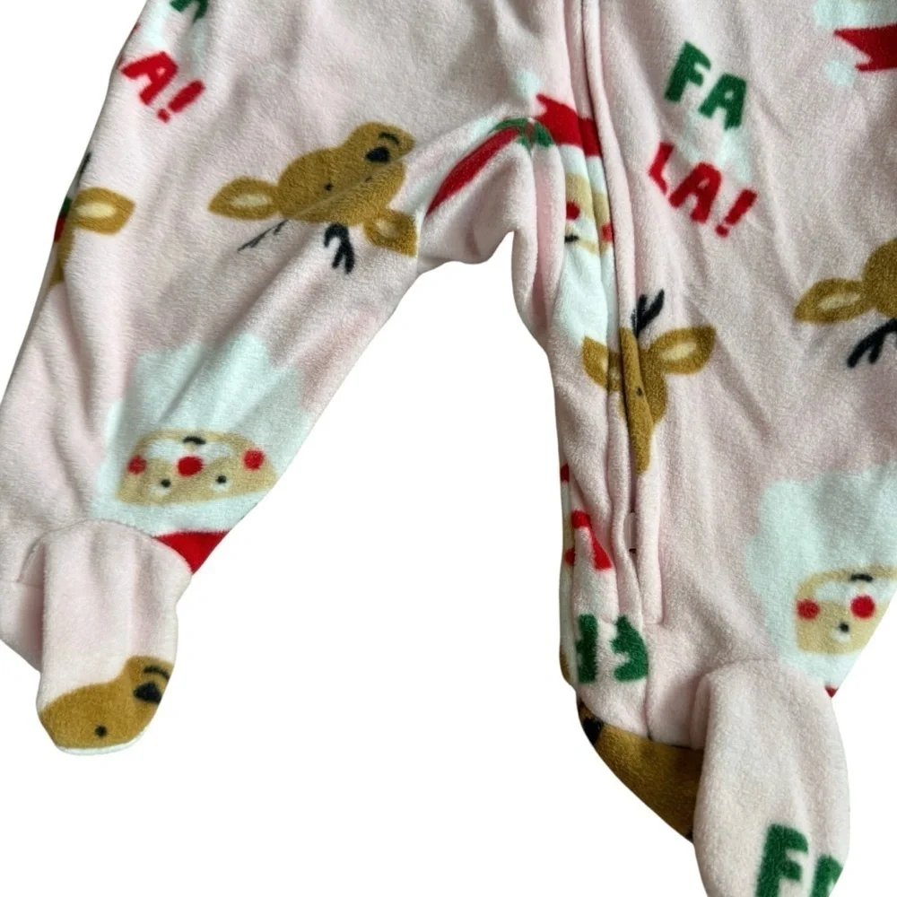 Carter’s Pink Fleece Christmas Pajama 2-way zip Fa la la Deer Baby Girl 3M